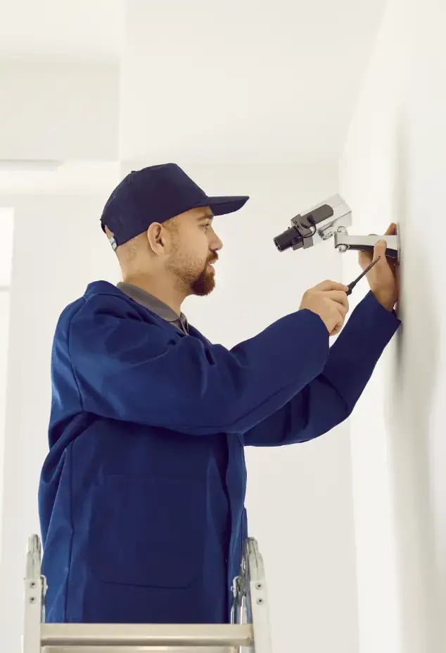 Man installing security camera