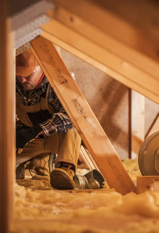 Man installing insulation in an attic