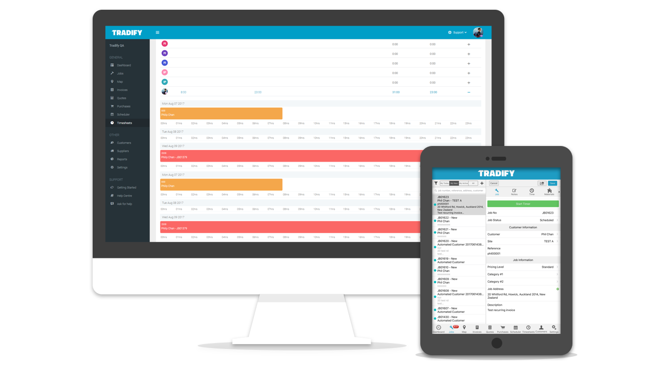 Tradify's Job Tracking app for time on site